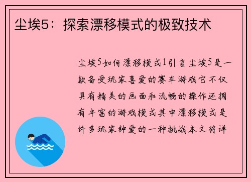尘埃5：探索漂移模式的极致技术